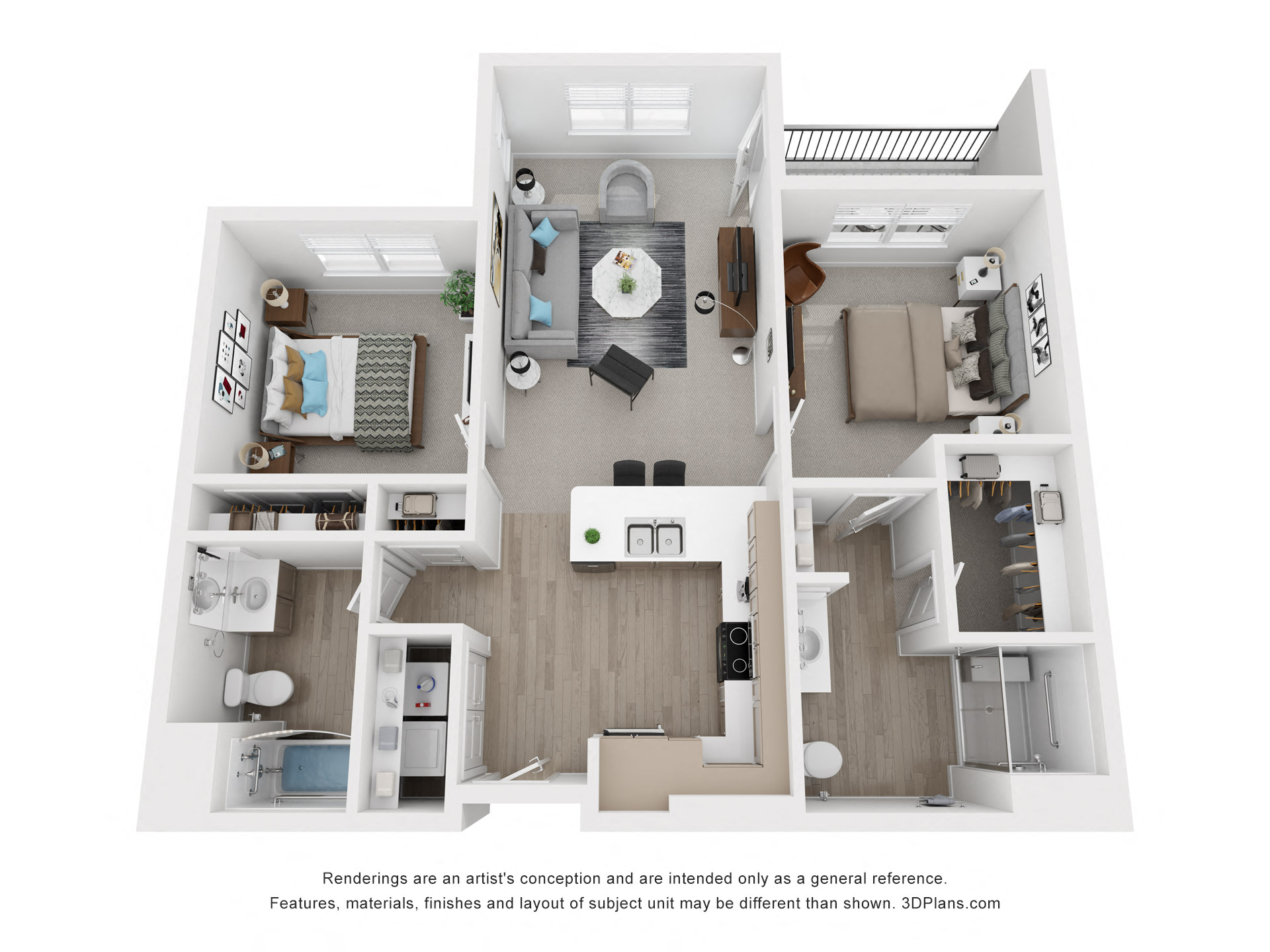 Floor plan for 2 beds, 2 baths, 1035 sqft